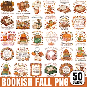 May include: A collection of fifty digital illustrations featuring autumn-themed bookish designs, including squirrels, foxes, pumpkins, cozy sweaters, stacks of books, and various fall-inspired text phrases arranged in a grid format on a white background.