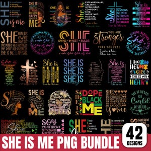 Può includere: Una collezione di 42 design PNG con frasi stimolanti come "Lei è forte" e "Lei sono io". I design presentano illustrazioni di donne nere e citazioni ispiratrici, il tutto su sfondo nero.