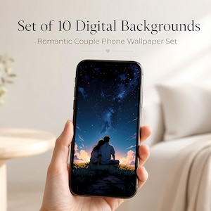 May include: A smartphone displays a romantic couple phone wallpaper set against a night sky. The phone is held in a hand, with the text "Set of 10 Digital Backgrounds" and "Romantic Couple Phone Wallpaper Set" at the top.