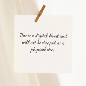 Peut inclure: Une carte rectangulaire blanche est maintenue par une pince &agrave; linge en bois. La carte contient le texte manuscrit : "This is a digital Novel and will not be shipped as a physical item."