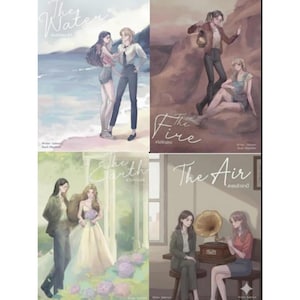 Puede incluir: Cuatro portadas de libros con ilustraciones. "The Water" muestra a dos personas en una playa. "The Fire" representa a dos personas en un paisaje rocoso. "The Earth" presenta a dos personas en un jardín. "The Air" muestra a dos personas con un gramófono.
