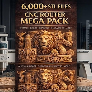 Peut inclure: Une machine de routeur CNC sculptant du bois. L'image présente un graphique promotionnel avec le texte "6,000+ STL FILES CNC ROUTER MEGA PACK" et des éléments sculptés de lion, de dragon et décoratifs. La machine est dans un atelier.