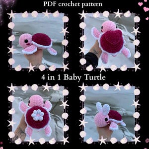 Könnte beinhalten: Ein PDF-Häkelmuster mit vier verschiedenen Baby-Schildkröten-Designs. Jede Schildkröte ist mit rosa, weißem und weinrotem Garn gehäkelt. Das Bild enthält den Text "PDF crochet pattern" und "4 in 1 Baby Turtle."