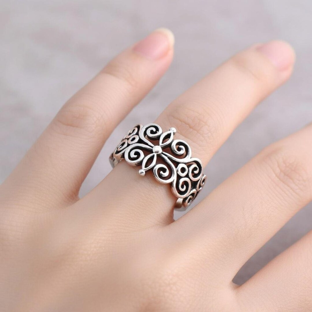 Scrollwork Ring Ornate Sterling Silver Scrollwork Ring, Filigree Band, Boho Statement ...