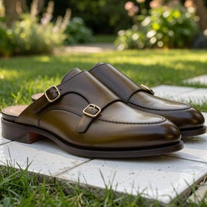 Handmade Leather Double Monk Mule Loafers, Brown Backless Dress Shoes