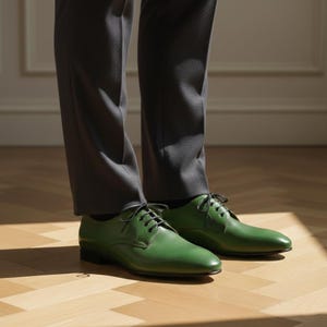 May include: Green leather dress shoes with black laces. The shoes are worn with gray dress pants. The shoes have a classic design and a polished finish, suitable for formal occasions.