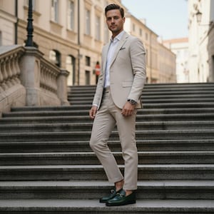 May include: A beige suit with a white dress shirt and a black watch. The suit is worn with green loafers with gold accents. The person is standing on a set of stone steps in an urban setting.