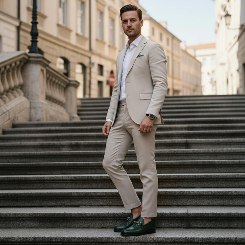 May include: A beige suit with a white dress shirt and a black watch. The suit is worn with green loafers with gold accents. The person is standing on a set of stone steps in an urban setting.