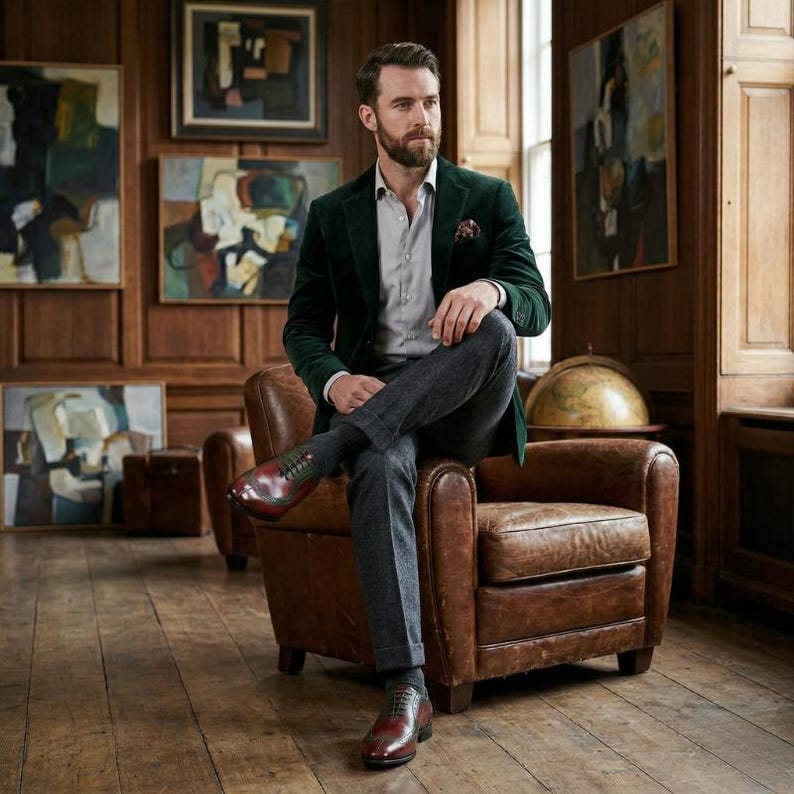 May include: A man in a dark green velvet blazer, light grey shirt, and grey trousers sits in a brown leather armchair. He wears burgundy leather dress shoes with green accents. The room has wood paneling and artwork.