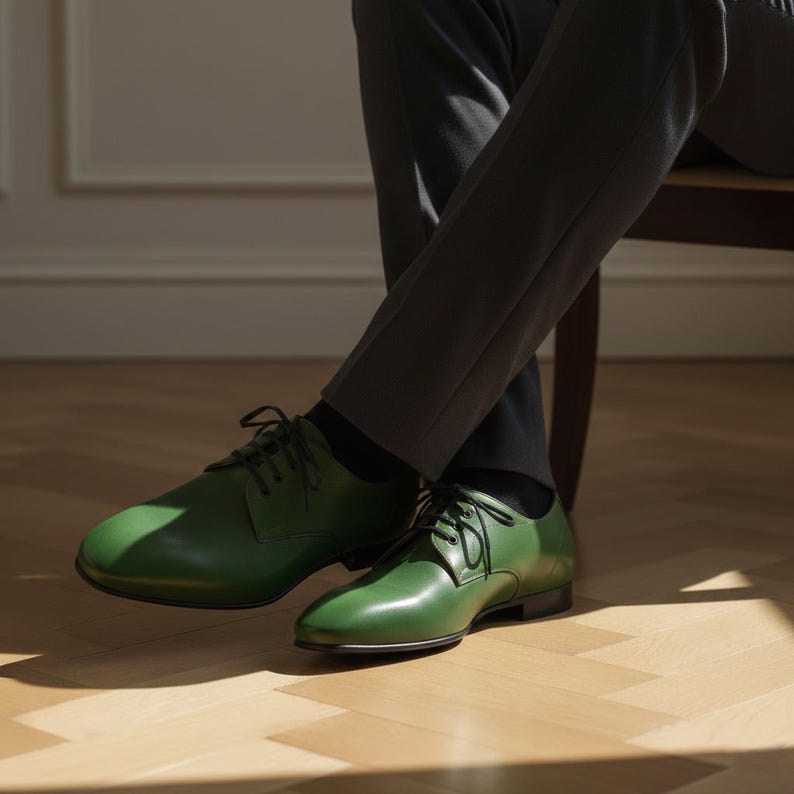 May include: A pair of green leather dress shoes with black laces. The shoes are worn with dark gray trousers and black socks. The shoes have a classic, polished appearance.