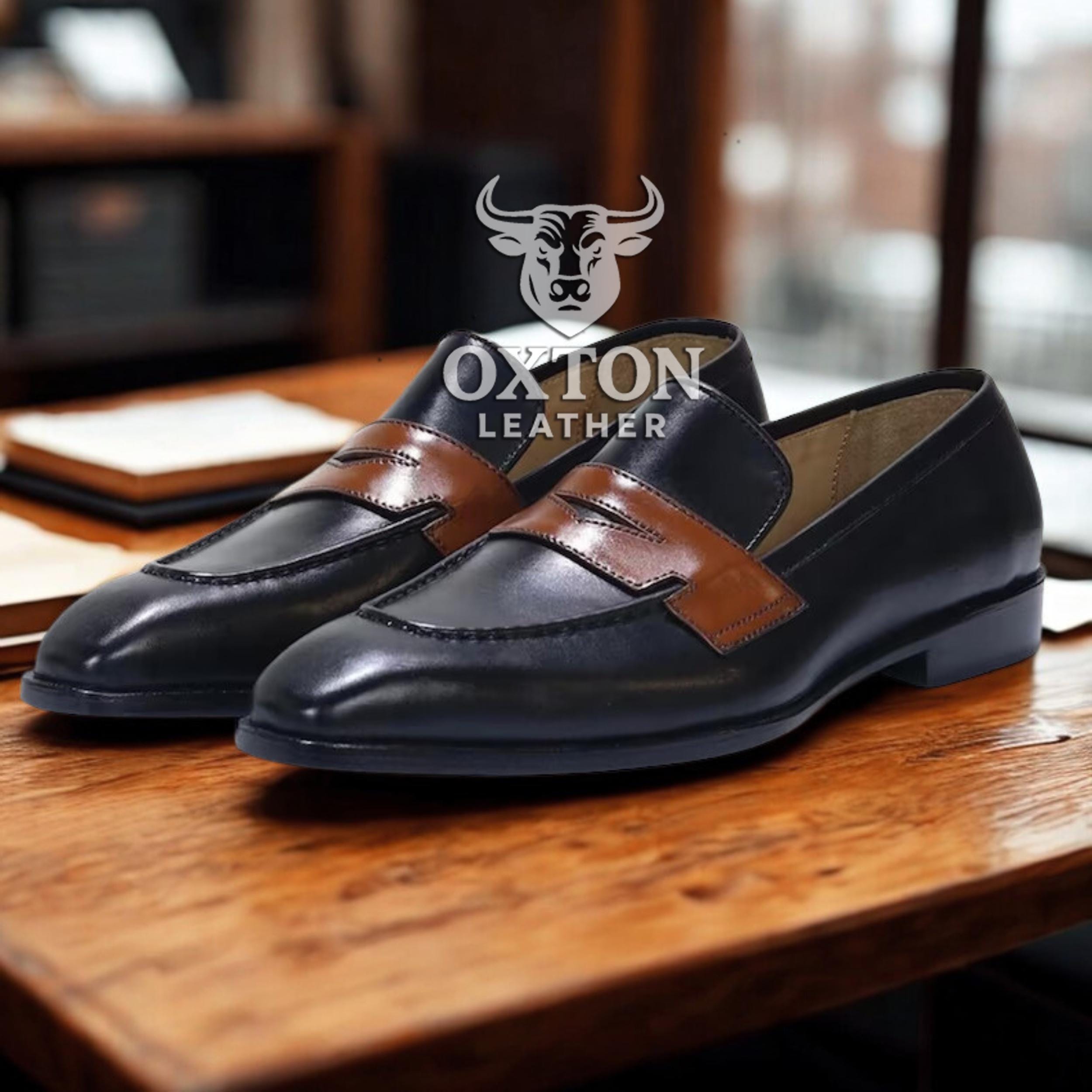Mens Two Tone Leather Loafers Handmade Black & Brown Formal 