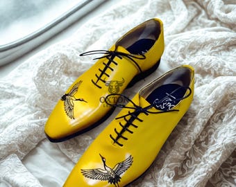 Handmade Leather Embroidered Yellow Lace Up Dress Shoes for Men Formal Oxford Shoes Footwear
