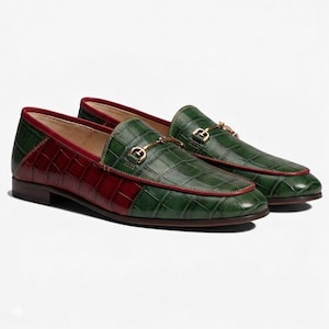 Handmade Crocodile Embossed Leather Loafers, Two-Tone Green Burgundy Horsebit Shoes
