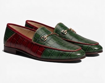 Handmade Crocodile Embossed Leather Loafers, Two-Tone Green Burgundy Horsebit Shoes