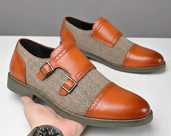 Handmade Two-Tone Leather Monk Strap Shoes, Vintage Brown Oxford Dress Loafers