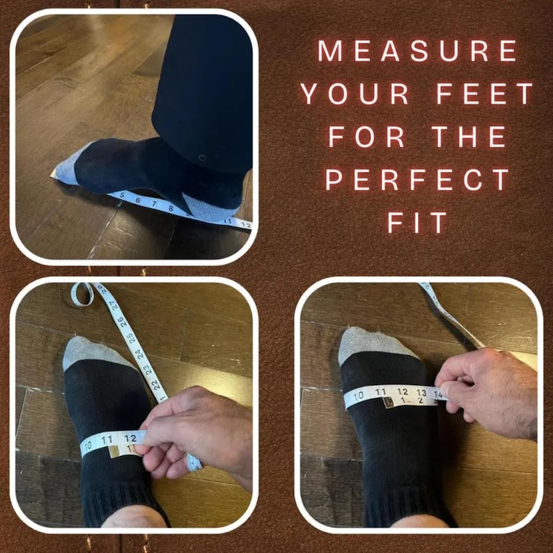 May include: Image showing how to measure feet for shoe size. The image includes a person's foot and ankle wearing a black sock with a measuring tape wrapped around the foot. The text in the image reads: "MEASURE YOUR FEET FOR THE PERFECT FIT."