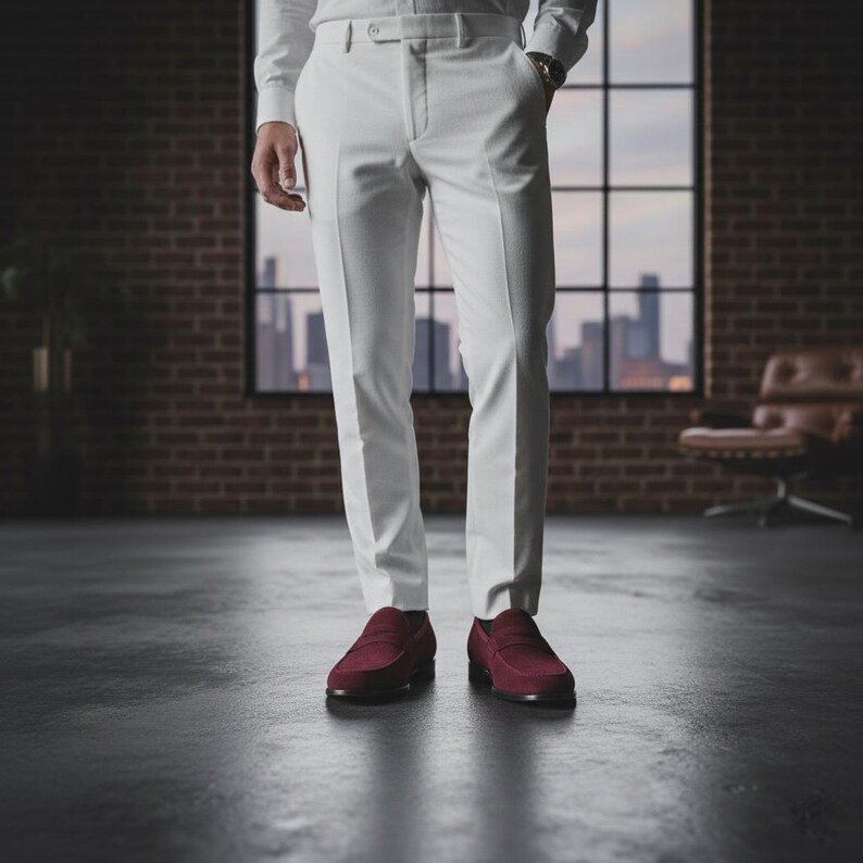 May include: White tailored trousers and burgundy loafers. The trousers have a classic fit, and the loafers are a deep red. The outfit is set against a brick wall and a city skyline, with a leather chair visible.