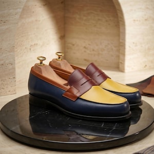 Handmade Multicolor Leather Penny Loafers – Men's Slip-On Dress Shoes