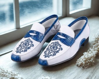 Handmade Embroidered Men’s Penny Loafers White & Blue Leather Dress Shoes Unique Slip On Footwear