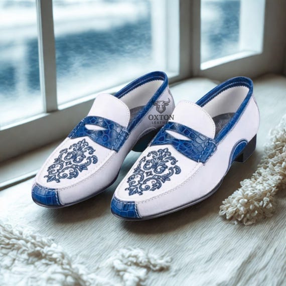Handmade Embroidered Men’s Penny Loafers White & Blue Leather Dress Shoes Unique Slip On Footwear