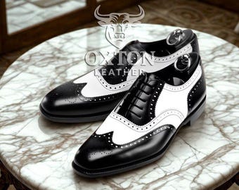 Handmade Black and White Brogue Shoes for Men Genuine Leather Oxford Wingtip Dress Shoes