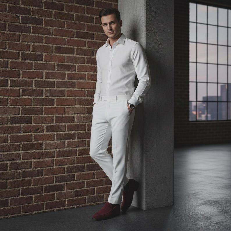 May include: A white shirt and trousers ensemble, complemented by a dark wristwatch and burgundy loafers. The individual is positioned against a brick wall and a concrete pillar.