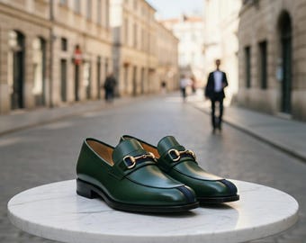 Handmade Green Leather Horsebit Loafers, Men's Striped Moccasins, Artisan Dress Shoes