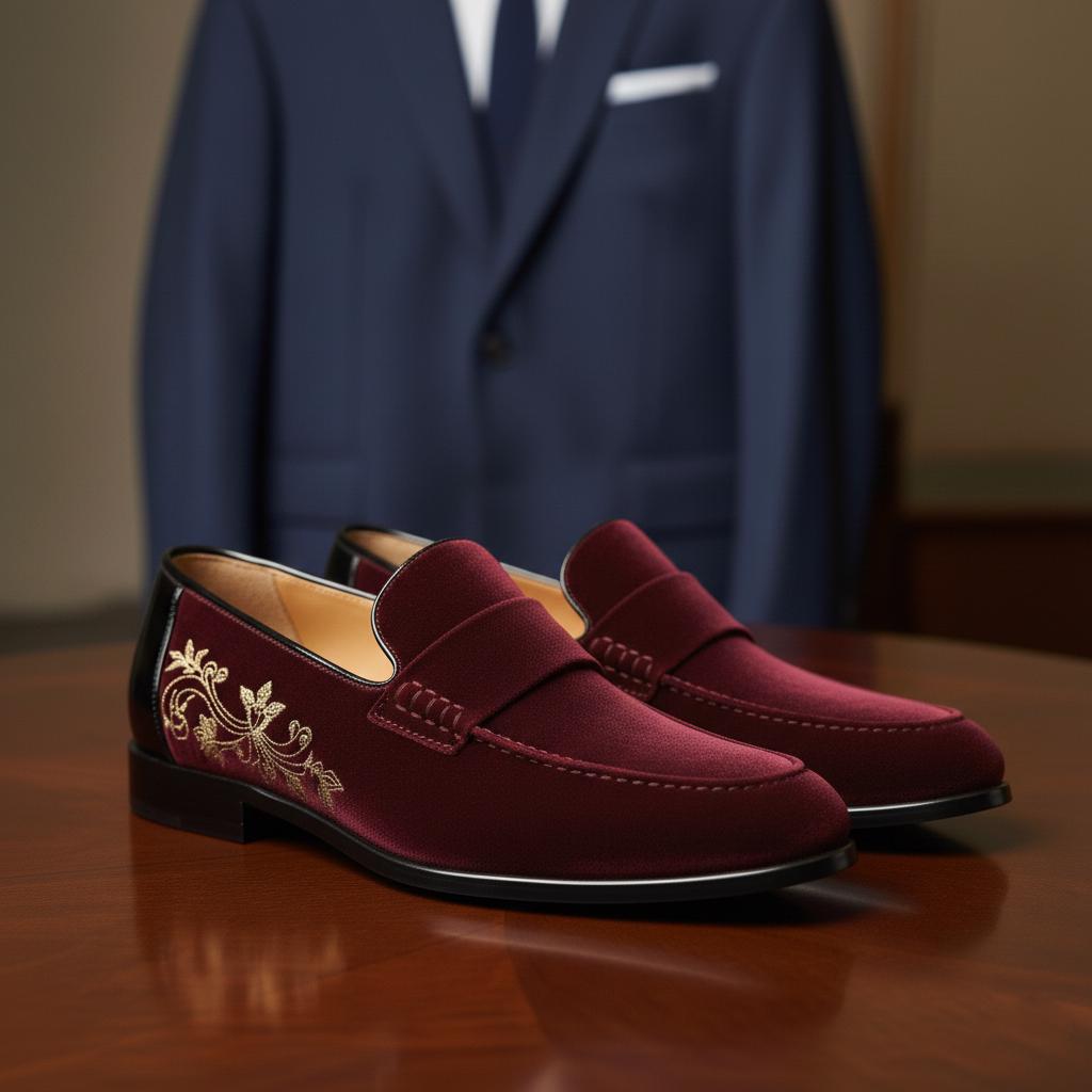slim fit dress slacks Burgundy Velvet Loafers | Gold Chain Luxury
