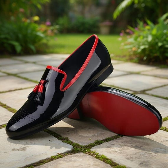 Men’s Black Patent Leather Tassel Loafers with Red Trim – Handmade Luxury Dress Shoes – Slip-On Wedding & Party Shoes