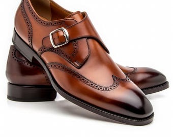 Handmade Brown Leather Double Monk Strap Shoes, Wingtip Brogue Dress Oxford Style