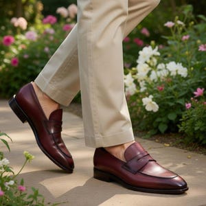 Mocasines de cuero italiano hechos a mano – Zapatos de vestir Penny con pátina color burdeos