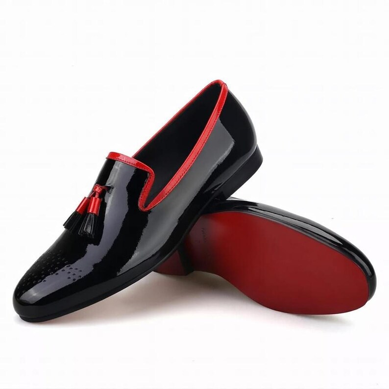 Men’s Black Patent Leather Tassel Loafers with Red Trim – Handmade Luxury Dress Shoes – Slip-On Wedding & Party Shoes image 3