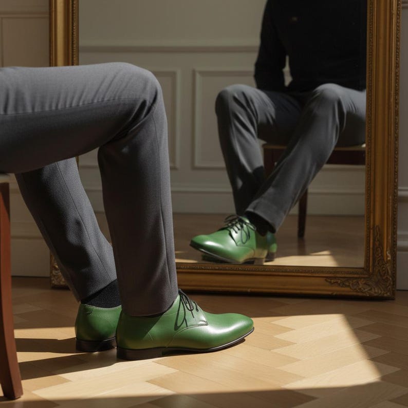 May include: Green leather dress shoes with black laces. The shoes are reflected in a gold-framed mirror, showing a person wearing gray pants. The shoes are on a light-colored wooden floor.