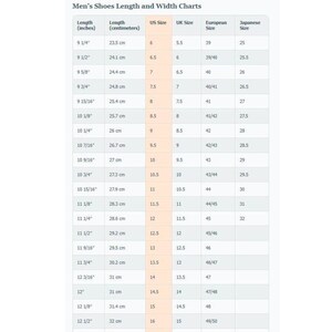 May include: Men's shoe size chart with length in inches and centimeters, US, UK, European, and Japanese sizes. Includes measurements from 9 1/4 inches (23.5 cm) to 12 1/2 inches (32 cm), with corresponding sizes for each system.
