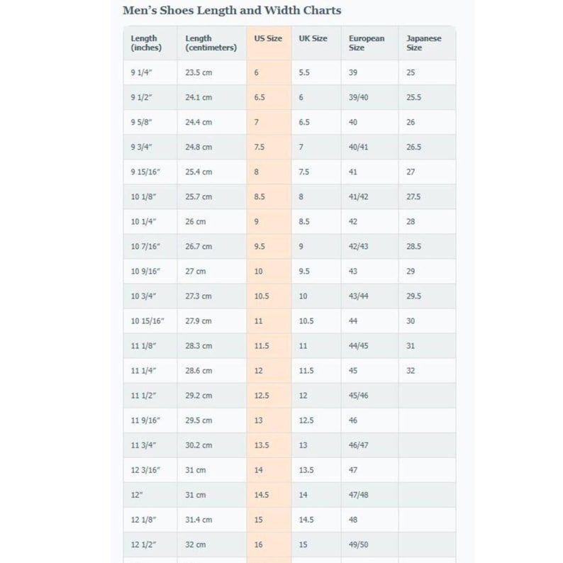 May include: Men's shoe size chart with length in inches and centimeters, US, UK, European, and Japanese sizes. Includes measurements from 9 1/4 inches (23.5 cm) to 12 1/2 inches (32 cm), with corresponding sizes for each system.