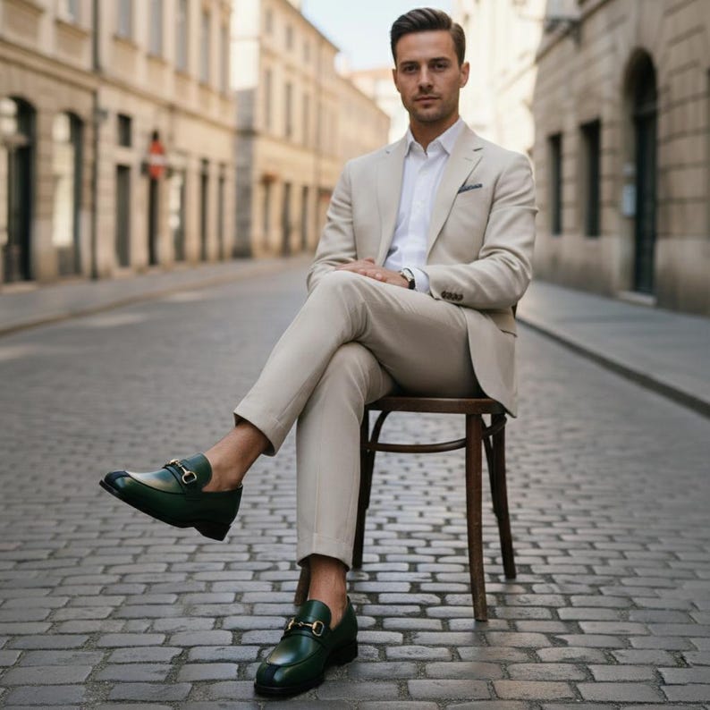 May include: A man in a beige suit and white shirt sits on a wooden chair on a cobblestone street. He wears dark green leather loafers with gold-colored accents. The suit jacket has a pocket square.