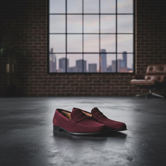 Handmade Maroon Suede Penny Loafers, Men's Luxury Slip-On Dress Shoes