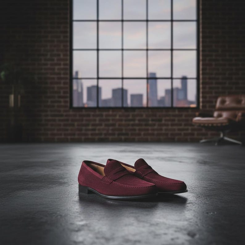 May include: Burgundy suede loafers on a dark floor. The shoes are positioned in front of a large window with a city skyline visible. The loafers have a classic slip-on design with a low heel.