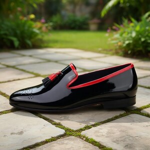 Men’s Black Patent Leather Tassel Loafers with Red Trim – Handmade Luxury Dress Shoes – Slip-On Wedding & Party Shoes image 2