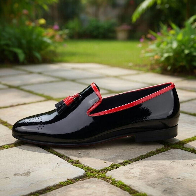 Men’s Black Patent Leather Tassel Loafers with Red Trim – Handmade Luxury Dress Shoes – Slip-On Wedding & Party Shoes image 2