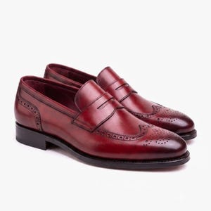 Burgundy Wingtip Longwing Brogue Penny Loafer