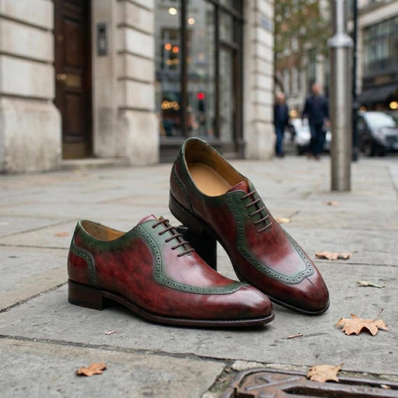 Handcrafted Burgundy Green Leather Oxford Wingtip Brogue Dress Shoes