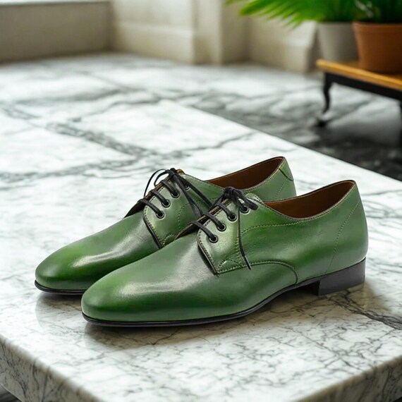 Handmade Green Leather Derby Shoes - Classic Formal Footwear
