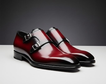 Handmade Two Tone Black and Brown Leather Double Monk Strap Shoes Dress Shoes