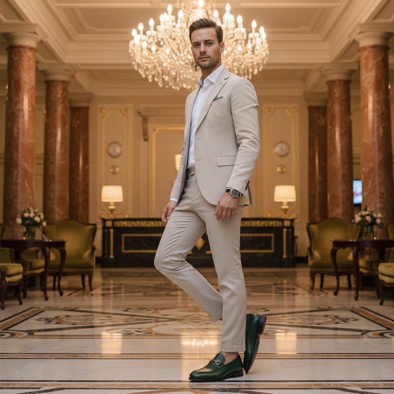 May include: A light tan suit with a white dress shirt. The suit is paired with dark green leather loafers. The background features a chandelier and marble flooring, suggesting a formal setting.