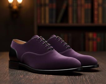 Handmade Purple Suede Oxford Shoes – Two-Tone Black Leather Dress Shoes