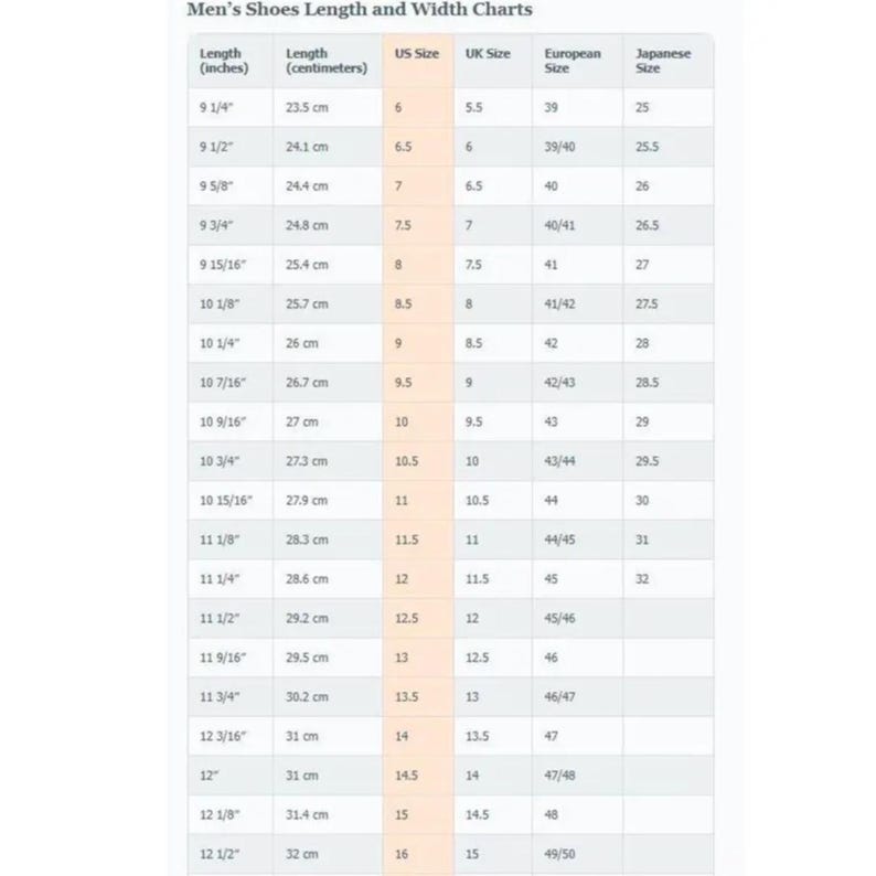 May include: A shoe size chart for men, displaying length in inches and centimeters, along with corresponding US, UK, European, and Japanese sizes. The chart includes sizes from 6 to 16 US.