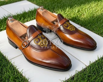 Handmade Golden Embroidered Leather Brown Loafers for Men Slip On Formal Dress Shoes