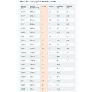 May include: Men's shoe size conversion chart showing lengths in inches and centimetres, alongside US, UK, European, and Japanese sizes. The chart ranges from 9 1/4 inches (23.5 cm) to 12 1/2 inches (32 cm).