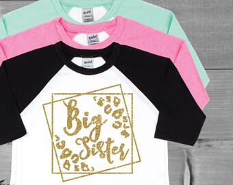 Big Sister Shirt with Animal Print, Big Sister Gift, Big Sister Announcement, Baseball Raglan with Permanent Gold Glitter Print